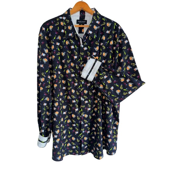Alex Vando Instruments Button Up Black Shirt Musical Flip Over Print Cuff XXL - Picture 1 of 7